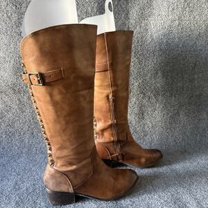 Arturo Chiang Brown Knee High Riding Boots Leather Buckle Studded Zip 8.5M